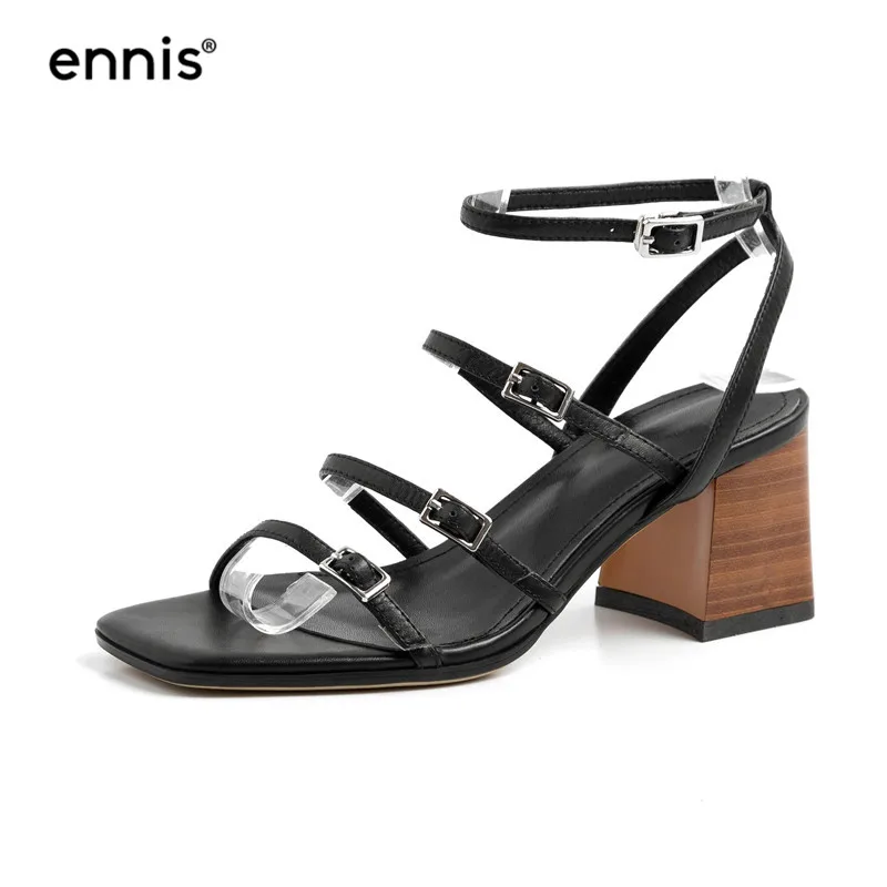 Black ENNIS/ г., летняя обувь женские сандалии-гладиаторы повседневная обувь на высоком каблуке Босоножки из натуральной кожи женская обувь на не сужающемся книзу массивном каблуке, S914 - Цвет: Black
