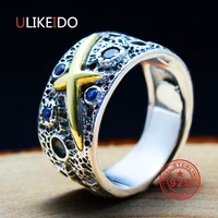 100 pure 925 sterling silver jewelry cross rings star blue opening vintage men signet ring for women special gift 0036
