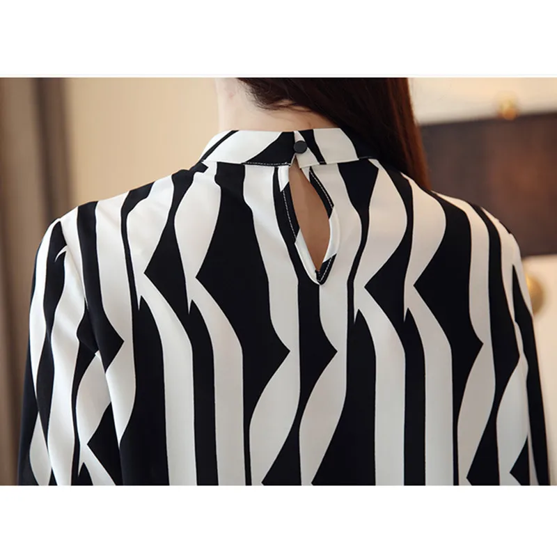 hanyiren Women Long Sleeve Casual Stripe Shirt Office Lady Stand Collar Elegant OL Chiffon Top 2019 New Spring Autumn Blouse |