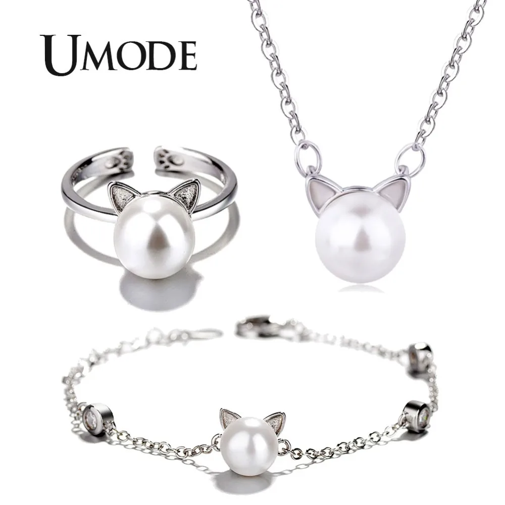 UMODE Cute White Pearl Cat Ear Gold Jewelry Sets for Women Bracelet and Open Cuff Ring Necklace Set Link Chain AUS0055 | Украшения и