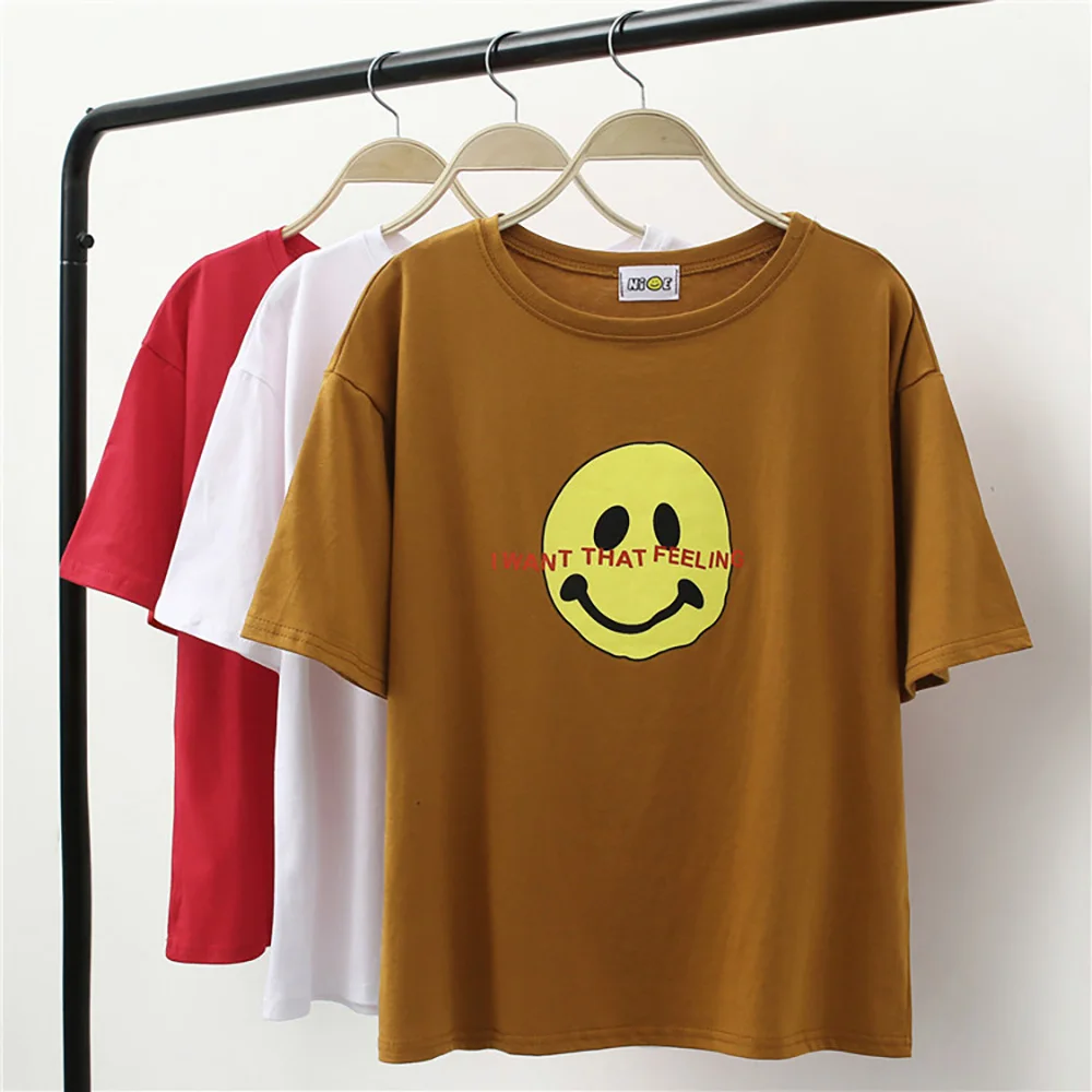 2018 Summer Women Sleeveless Smiley Face Letter Printed O-neck Casual Simple T shirt Female Tees Cotton Elegant Ladies Tops | Женская