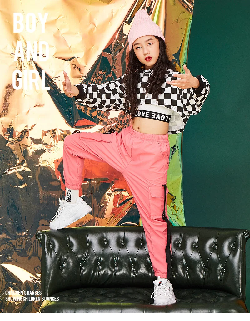 Ropa/костюм в стиле хип-хоп для девочек, костюм из 3 предметов клетчатая рубашка с длинными рукавами джазовая одежда уличный танцевальный детский сценический костюм для девочек, BL1767