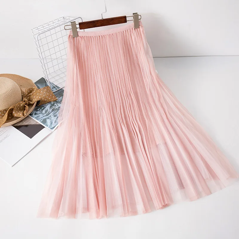 pink DANJEANER женские цветные длинные тюлевые юбки простой плиссированный юбки Новая Модная элегантная сетчатая юбка миди с высокой талией Женская юбка - Цвет: pink