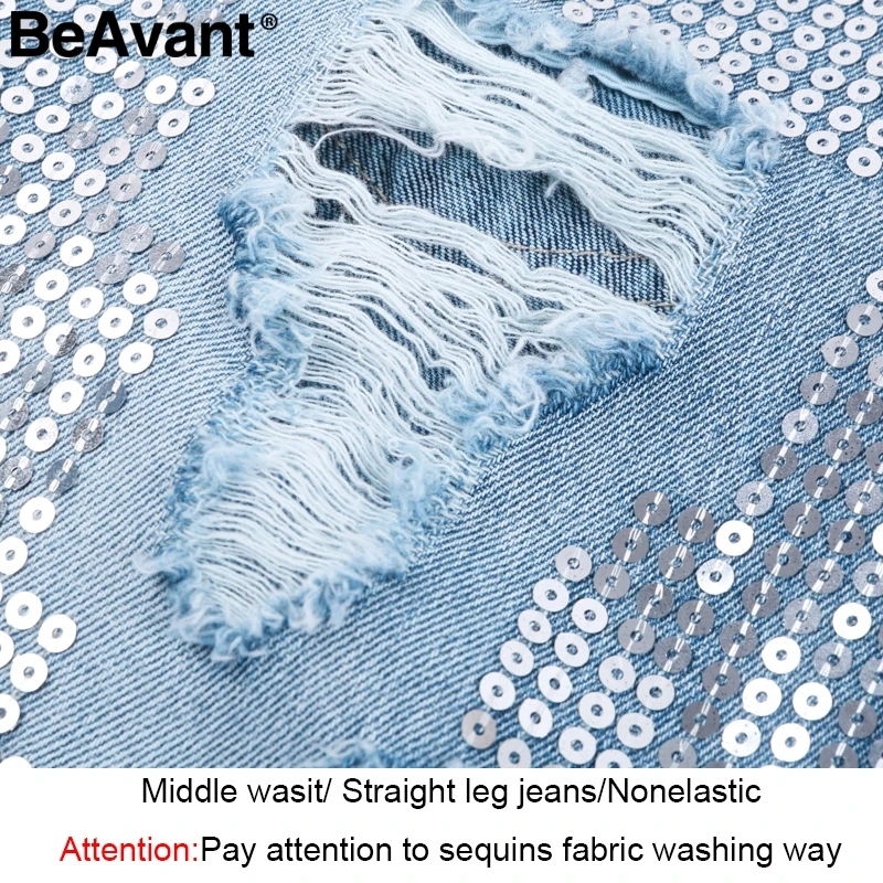 BeAvant 2018 весенние рваные джинсы с блестками женские уличные на молнии бахромой