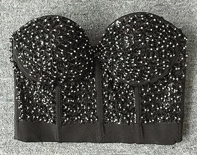 black She'sModa блестки Гага бюстье жемчуг пуш-ап ночной клуб Bralette женский бюстгальтер укороченный топ корсет размера плюс - Цвет: black