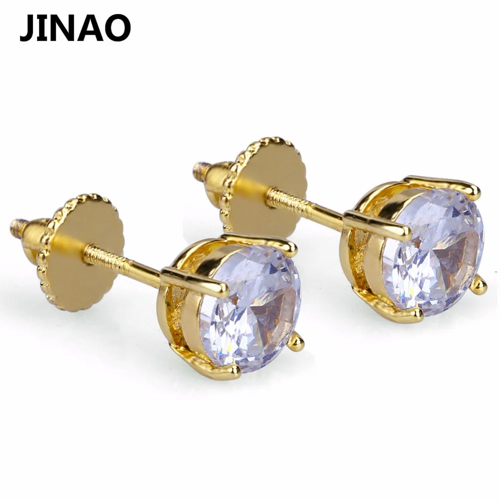 Позолоченные/серебряные серьги-гвоздики JINAO 6 мм с большим фианитом и винтом на