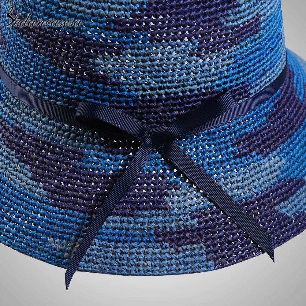 Женская соломенная шляпка из рафии с широкими полями пляжная летняя вязаная