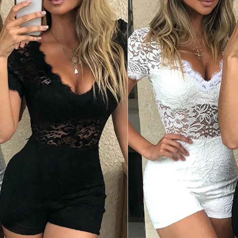 

2019 Hirigin Stylish Women V Neck Lace Crochet Romper Shorts Jumpsuit Sexy Clubwear Hollow Out Playsuit Bodycon Feminino Overall