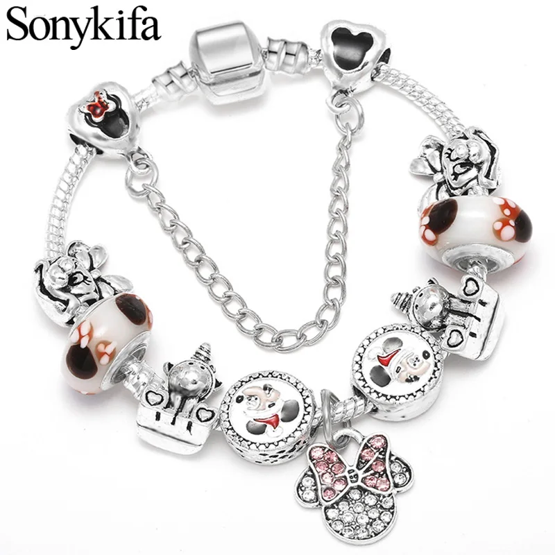 A1 Sonykifa, Прямая поставка, серебряный браслет-цепочка в виде змеи, Детский милый браслет с Микки, Минни, пандоро, женские рождественские украшения - Окраска металла: A1