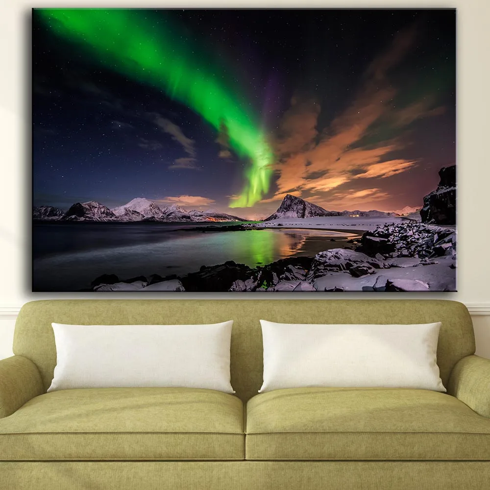Печатная картина маслом, Настенный декор, настенная живопись, Полярное сияние, облака, горы, хорошая картина для настенной картины