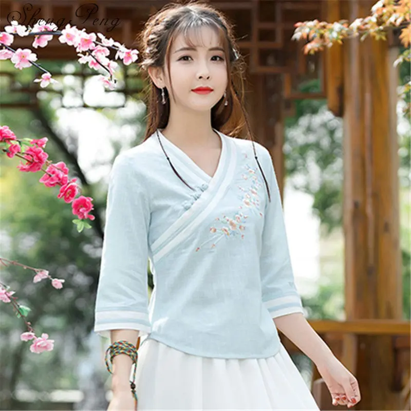Китайский традиционный костюм cheongsam Топ льняная рубашка для женщин Элегантный Хлопок и лен воротник стойка блузки CC384