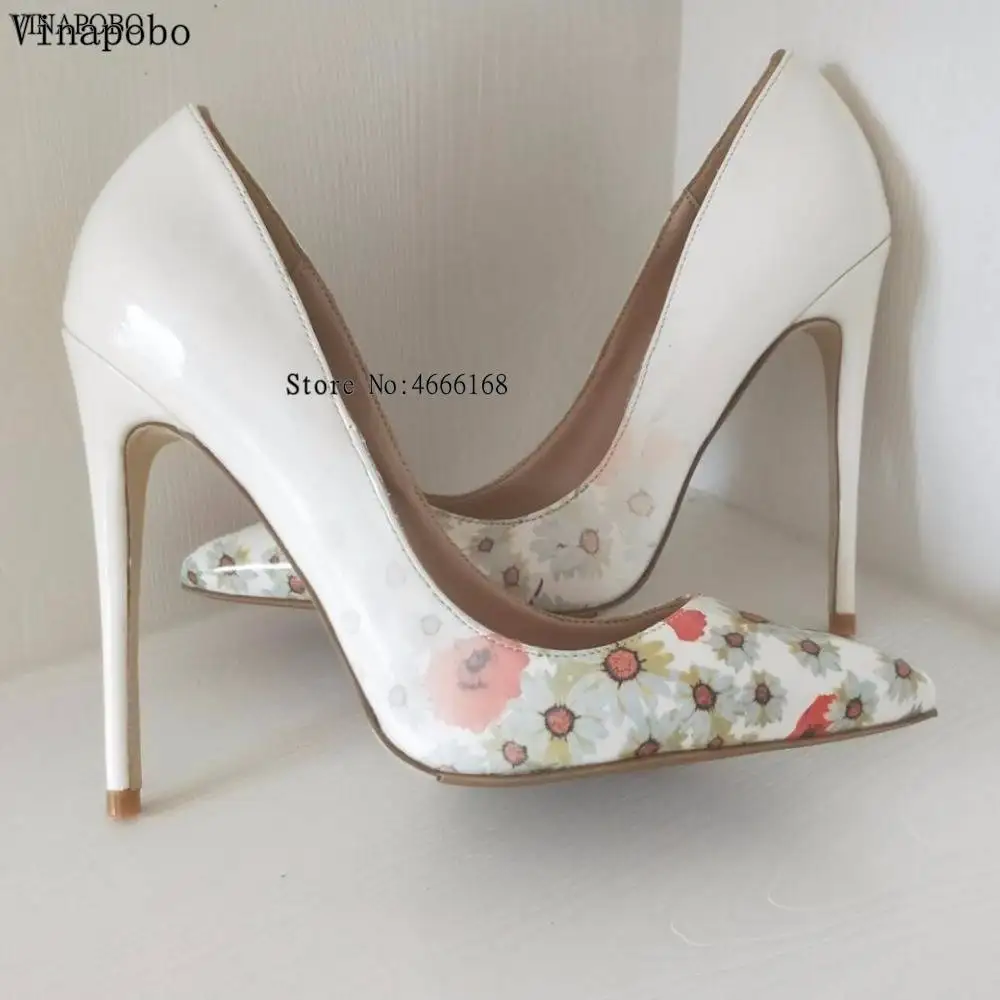 12cm heel Vinapobo/женские пикантные туфли-лодочки на высоком каблуке; женские офисные свадебные туфли с цветочным принтом без застежки с острым носком; модные женские туфли - Цвет: 12cm heel