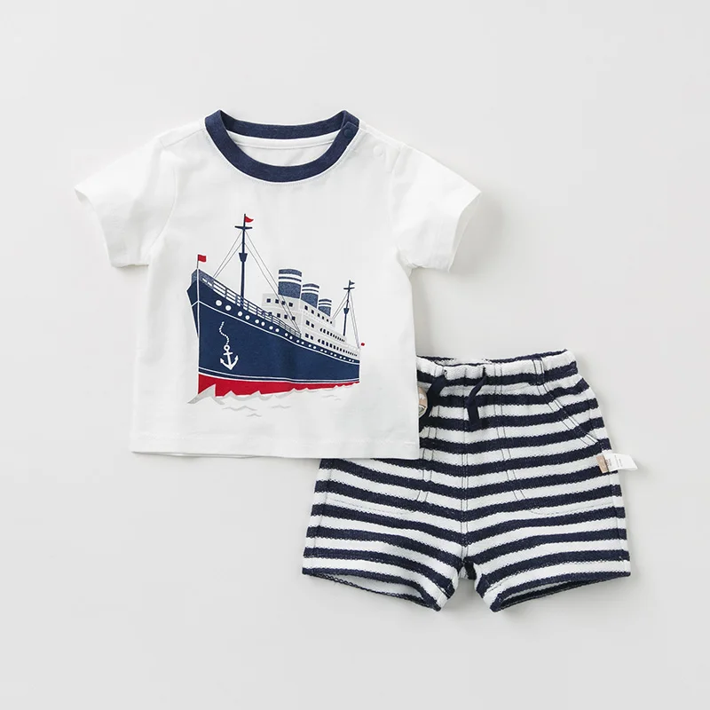 DB10466 dave bella summer baby boys fashion clothing sets casual short sleeve suits children steamboat print clothes |