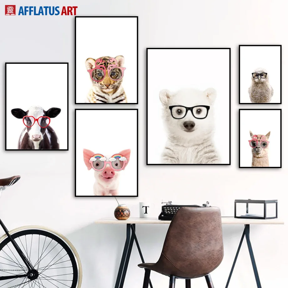 Очки медведь тигр свинка Сова Альпака скандинавские плакаты и принты настенная
