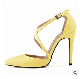 Yellow Heel Loslandifen/Большие размеры 35-42; женские туфли на высоком каблуке-шпильке с перекрестными ремешками; женские туфли-лодочки из лакированной кожи с пряжкой и ремешком в европейском стиле - Цвет: Yellow Heel