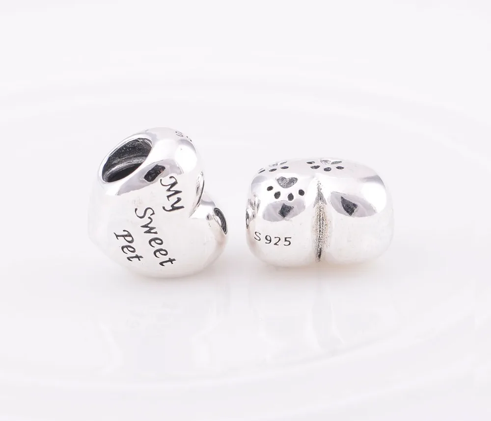 Сердце Талисманы бисера стерлингового серебра 925 мой сладкий Pet Paw Print Шарм Fit
