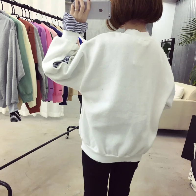 Spring Autumn New Women Striped Fake Two Piece O-Neck Sweatshirts Loose Casual Fashion Drop-Shoulder Harajuku ZX639 | Женская одежда