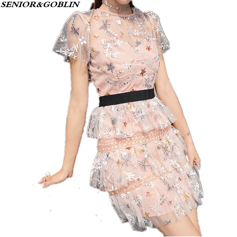 

Newest 2022 High Quality Summer Women Elegant Short Dress Women Mesh Sequin Embroidery Sexy Ruffles Mini Party Dress Vestidos