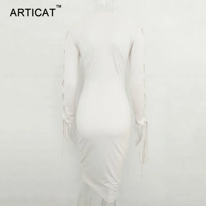 Articat, сексуальное Бандажное платье из замши с длинным рукавом, Осень-зима, v-образный вырез, облегающее платье-карандаш, винтажные вечерние платья для клуба, Vestidos