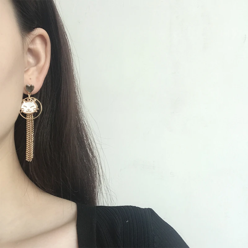 Милые розовые белые длинные висячие серьги с кошачьим лицом кисточками