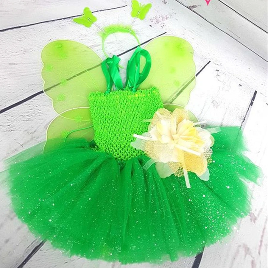 Handmade Tinker Bell Fairy Fancy Girl Tutu Dress Green Flower Wings Costume Kids Birthday Party | Детская одежда и обувь