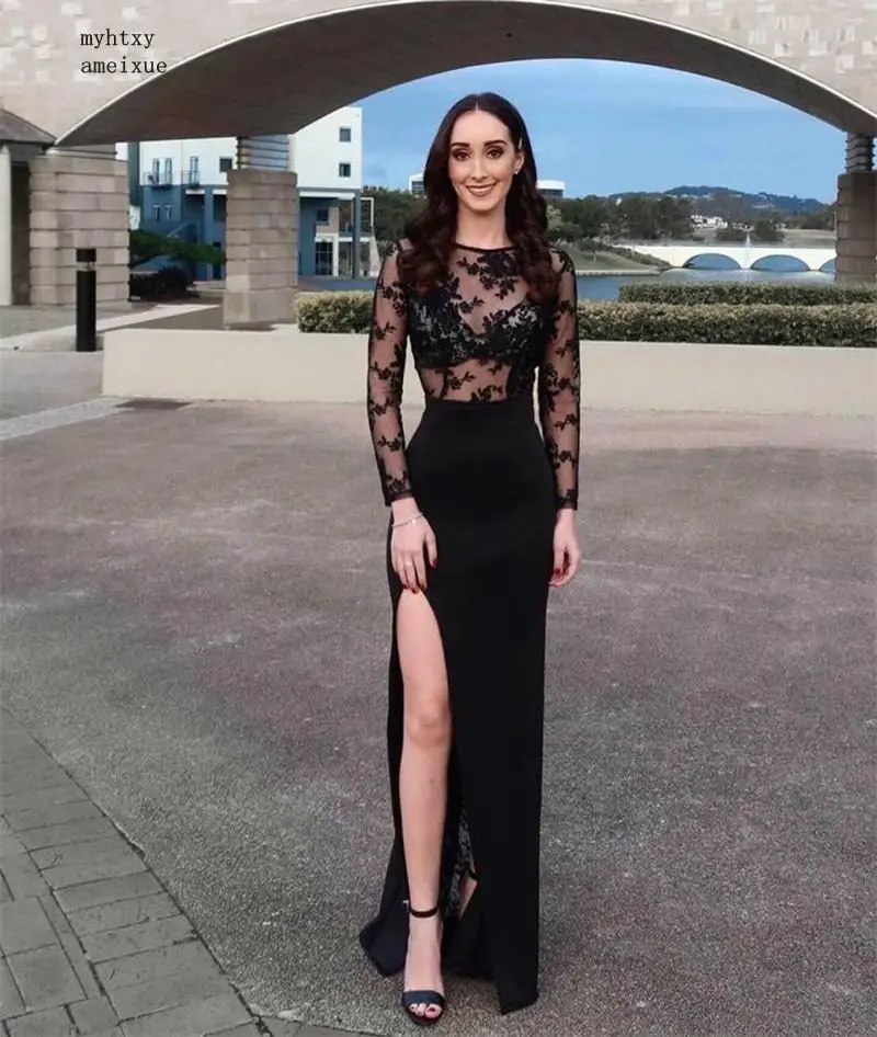 

china Sexy See Sheer Black Scoop Long Sleeves Backless Side Slit Lace Evening Dresses Vestidos De Fiesta De Noche Cheap