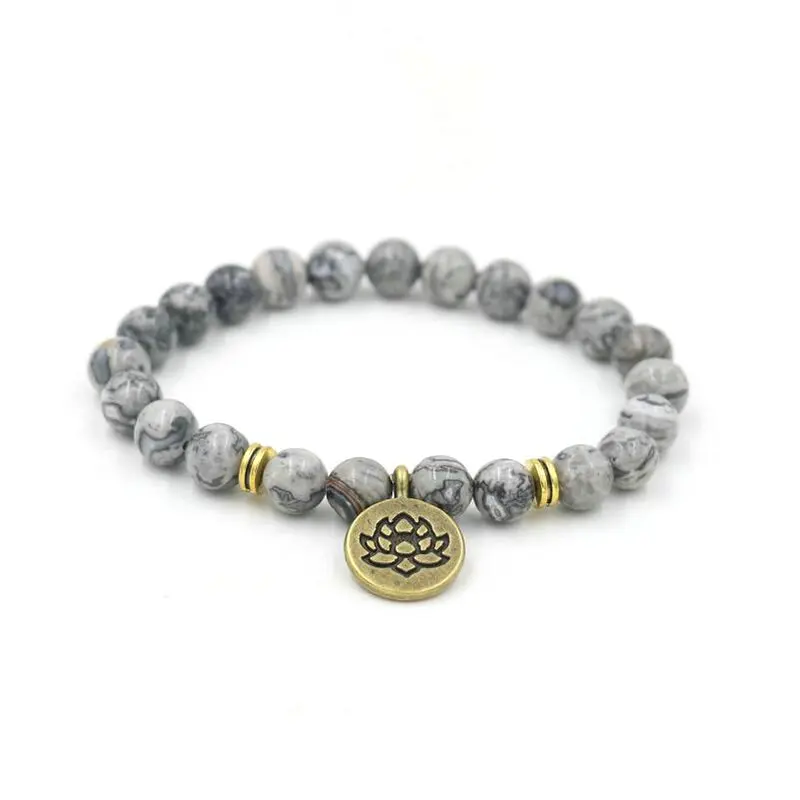 HMN gold Lotus Серый браслет Howlite с мраморным камнем Будды Ом лотоса для мужчин и женщин, очаровательные браслеты для йоги, чакры, медитации, мужские браслеты - Окраска металла: HMN gold Lotus