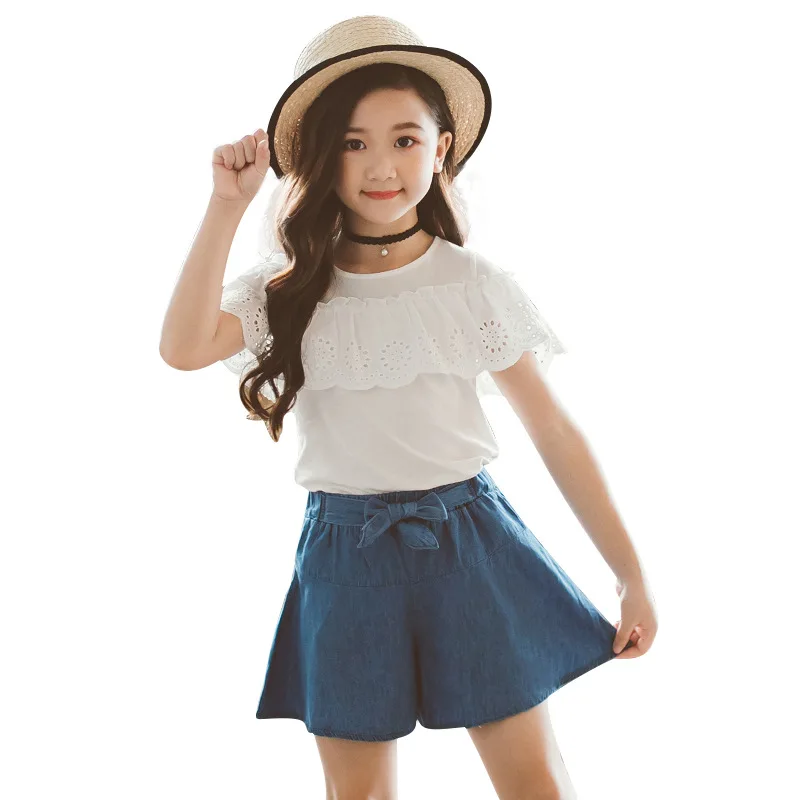 

2019 Girls Clothing Sets Summer Fashion White T-shirt and Shorts Sets 4 8 12 14 Years Kids Clothing Sets Children Denim Clothing