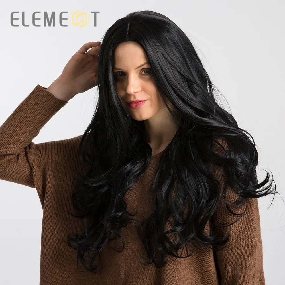 Element 26 дюймов длинные черные термостойкие синтетические волосы парик для женщин предварительно сорванные волосы высокой плотности парики