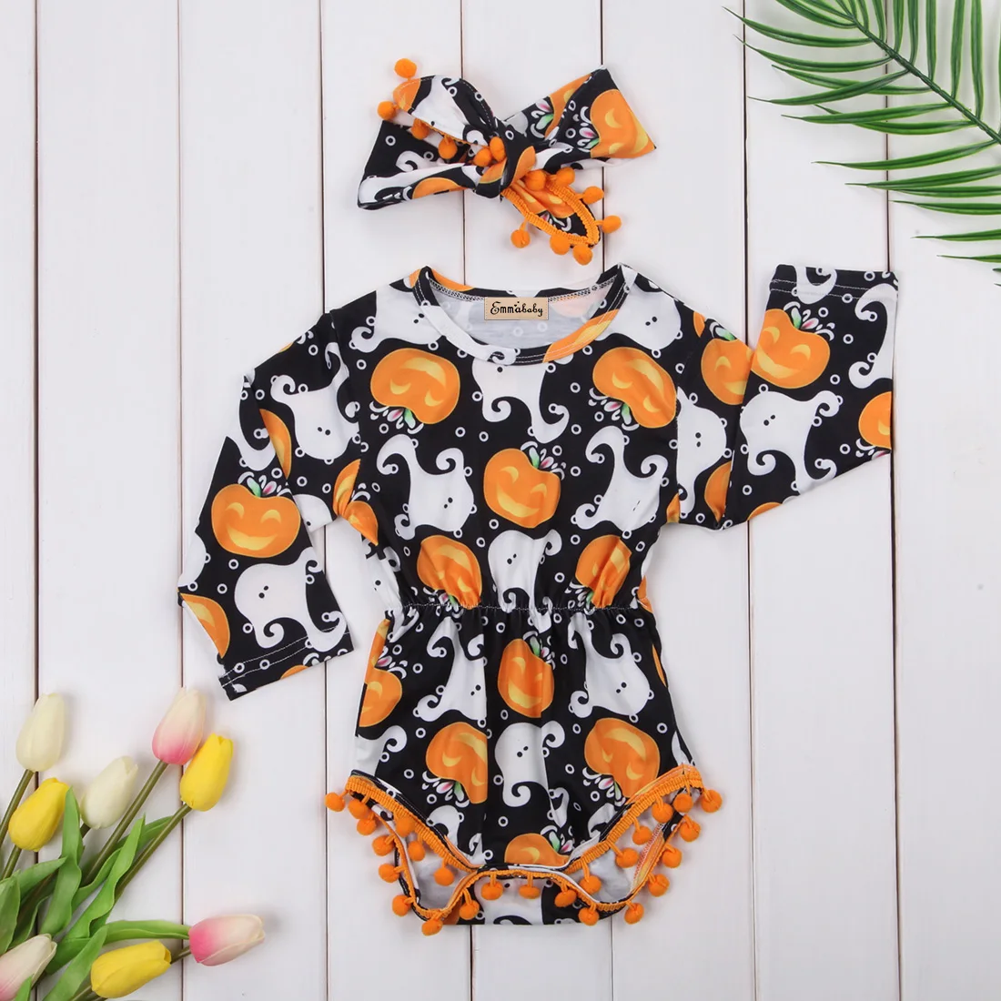Комбинезон Emmababy + обруч для волос на Хэллоуин новорожденных девочек с бахромой