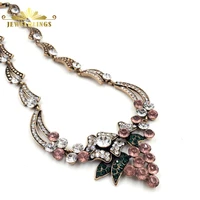 luxury antique pink round cut crystal grape necklace gold tone scroll chain green leaf grapes vine necklace garden party jewelry