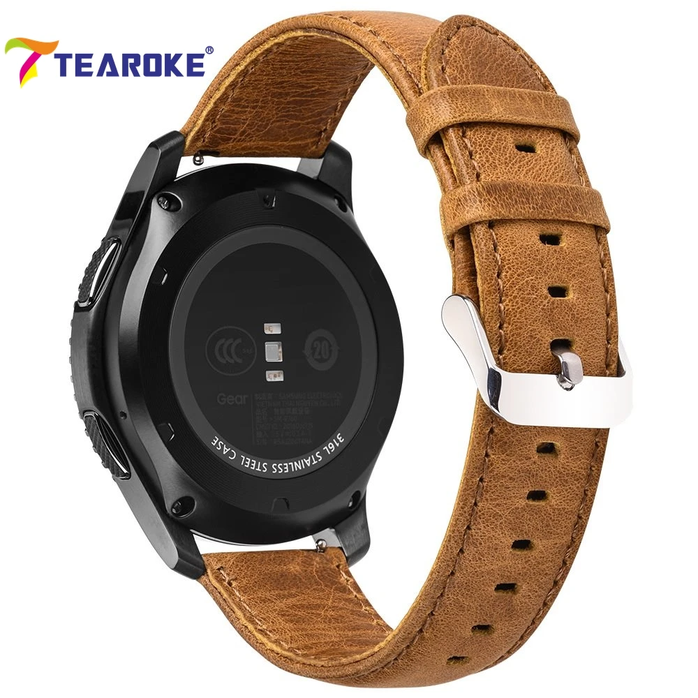 TEAROKE Crazy Horse Leather Watchband for Samsung Gear S2 S3 Classic Dark Brown Smart Watch Replacement Bracelet Band Strap