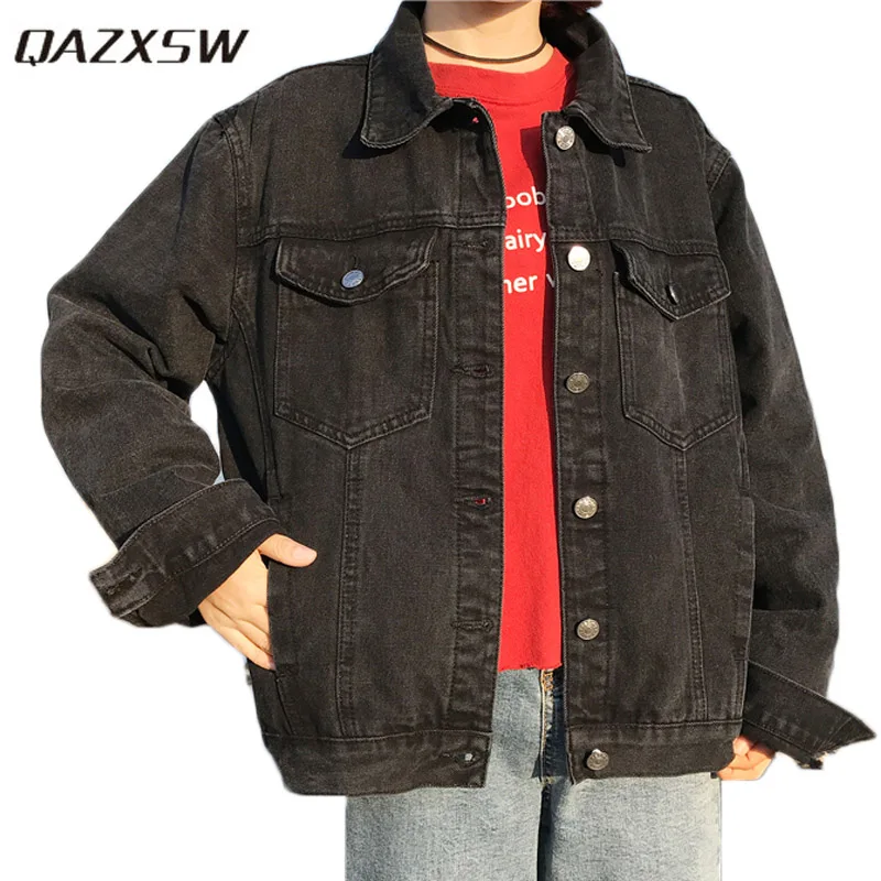 

QAZXSW Women Basic Coats 2019 Casual Denim Jacket Women Bomber Jacket Black Harajuku Plus Size Jeans Coat Casaco Feminino HB542