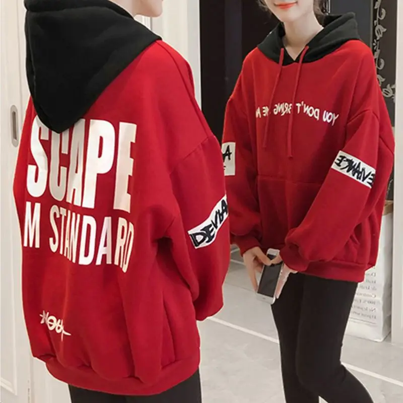 

Women Plus Size Winter Long Sleeve Contrast Color Hooded Sweatshirt Drawstring Hip Hop Streetwear Letters Print Loose Pullover
