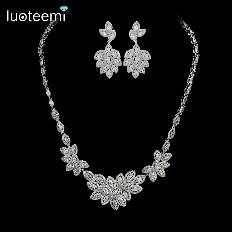 

LUOTEEMI Brand Luxury AAA Cubic Zirconia Paved white gold-Color Women Earrings Necklace Set for Bridal Wedding Party Jewelry