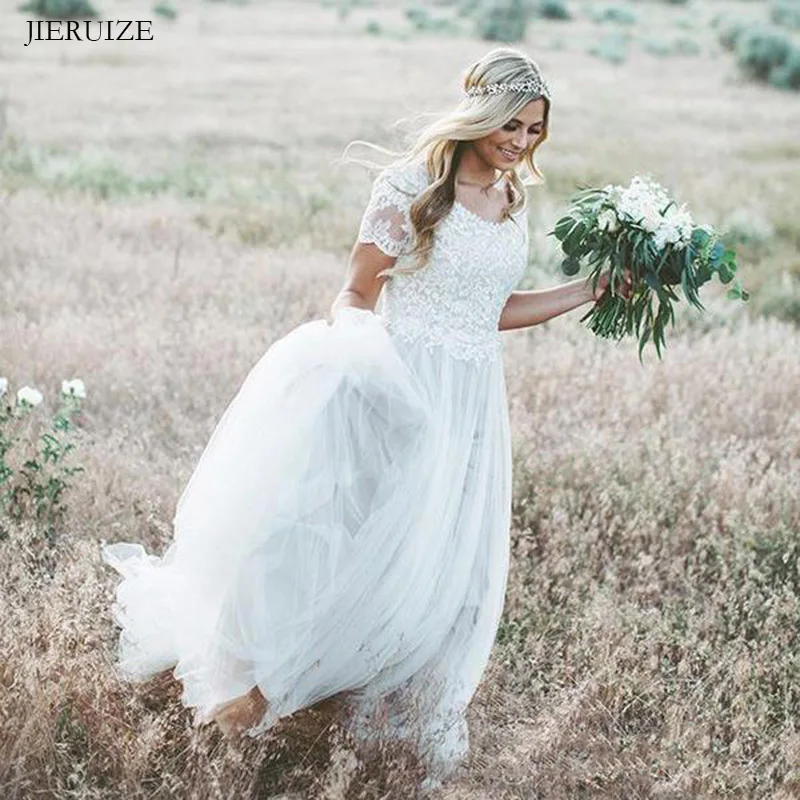 JIERUIZE белые кружевные аппликации тюль Boho свадебный наряд с короткими рукавами