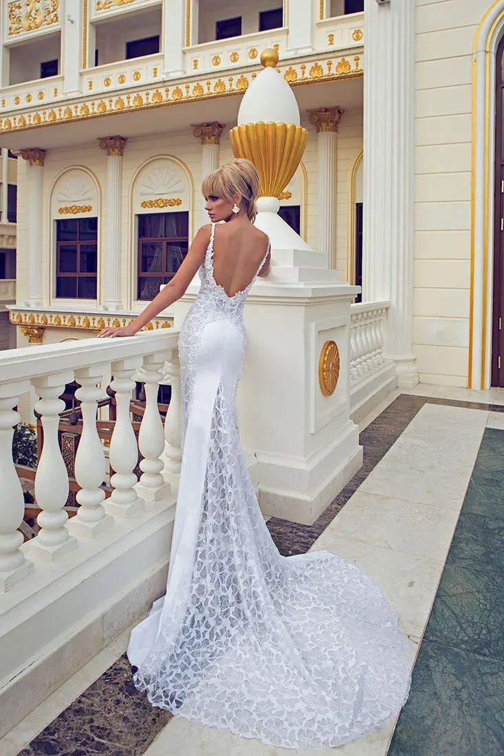 2015 Fashion New Sweetheart Formal Evening Dresses Spaghetti Strap Gown Mermaid Prom Dress White Lace Custom Made Sexy |