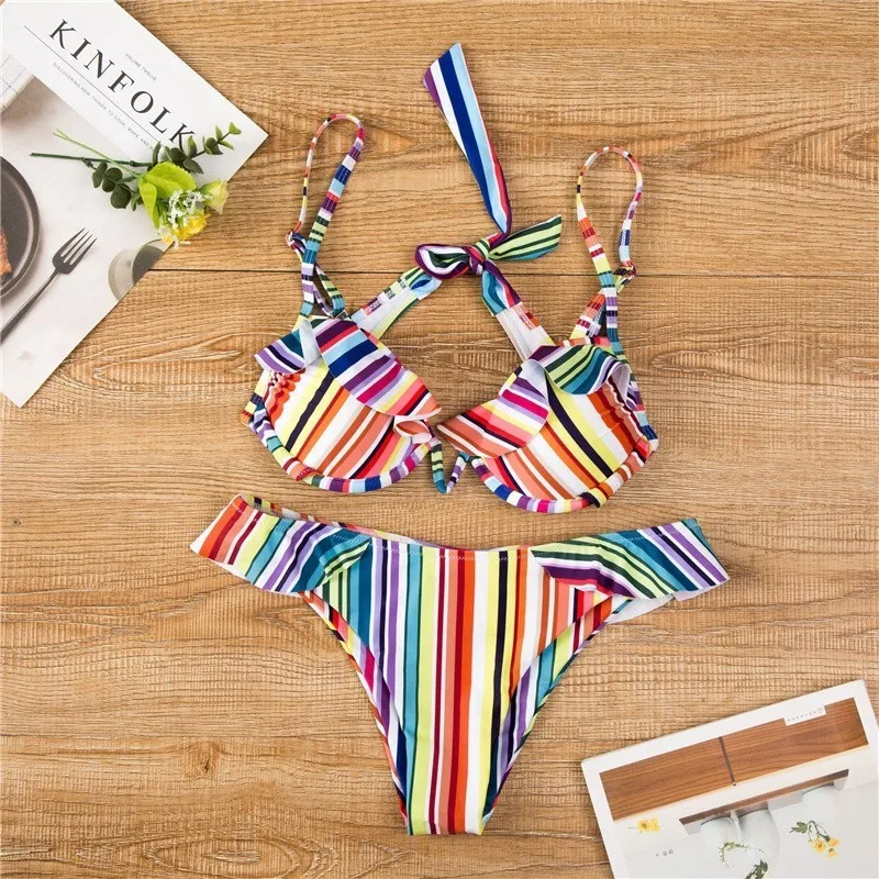 2019 Sexy Ruffle Bikini Women Push Up Swimsuit Brazilian Dot Striped Thong Set Female Swimwear Biquini Bathing Suit | Женская одежда