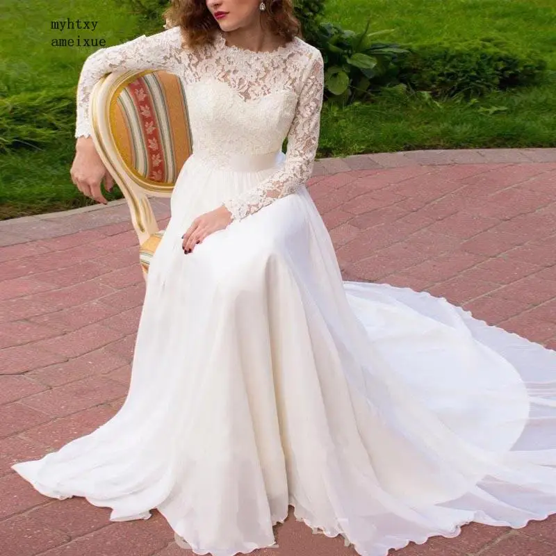 

Sexy Long Sleeves Beach Wedding Dress 2020 Boho Scoop Lace Pearls Button Sashes Bow Weddding Gown Bridal Gown Vestidos De Noivas