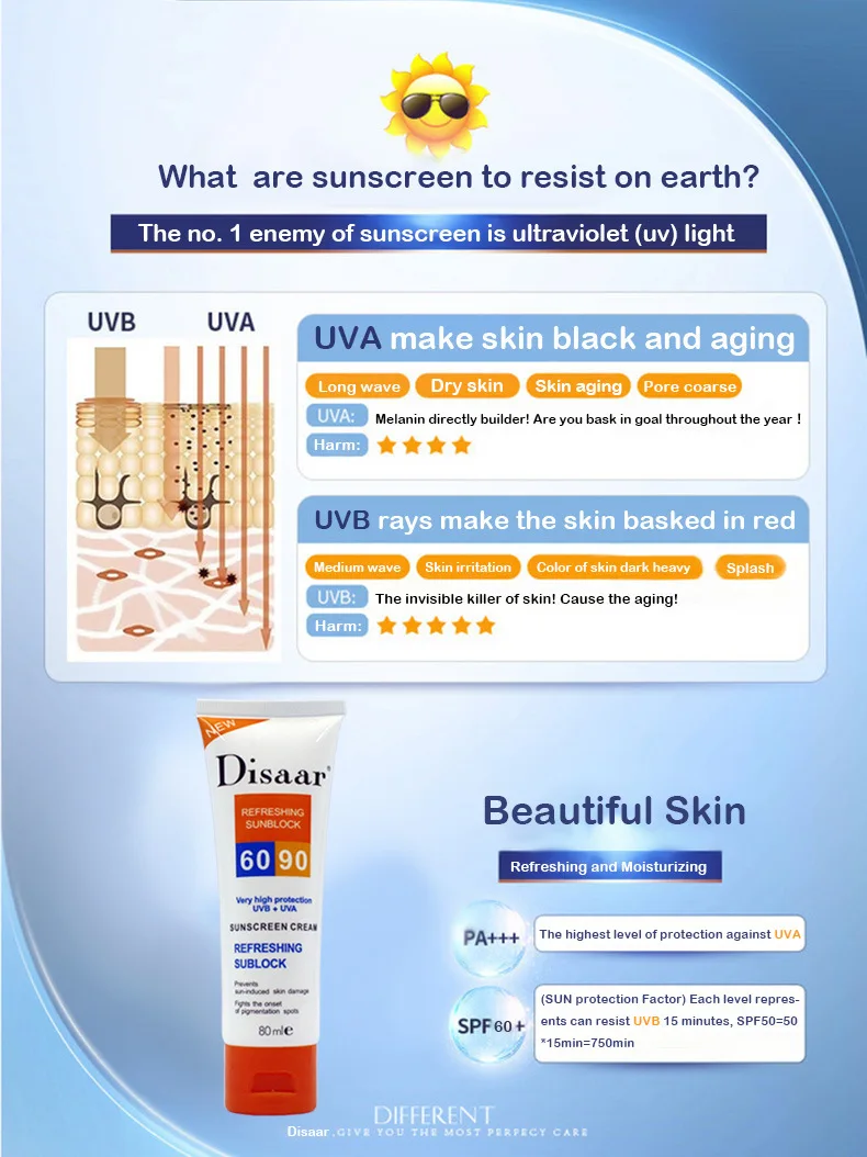 Солнцезащитный крем Disaar Spf 90 + увлажняющий солнцезащитный для защиты кожи 80 г
