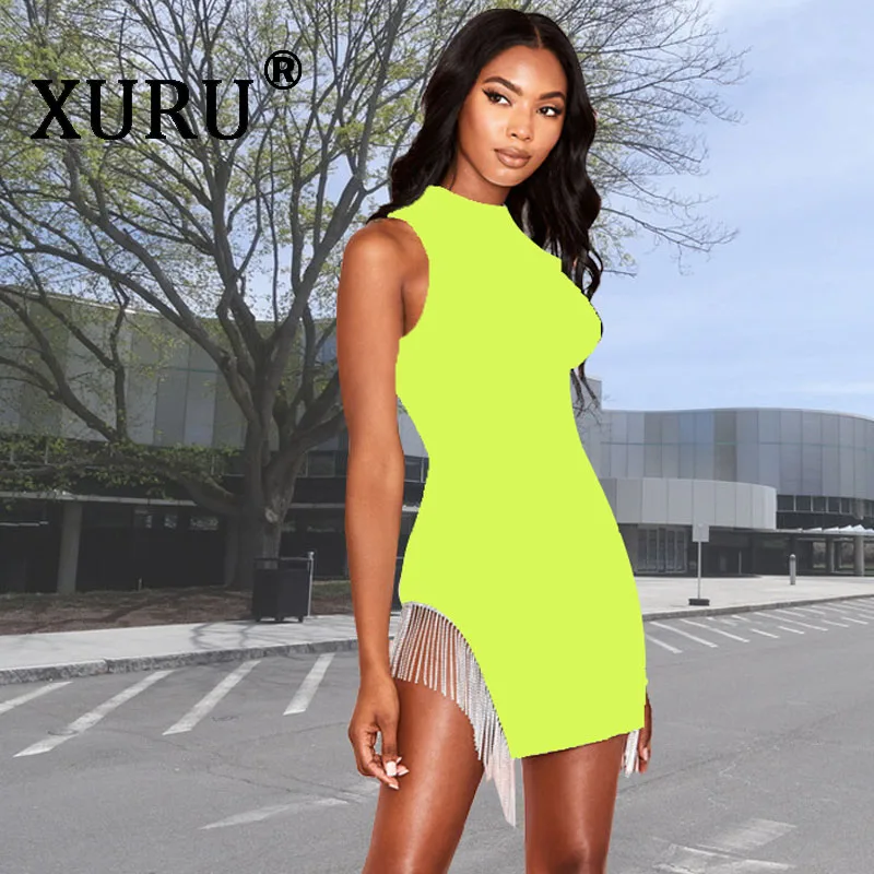 

XURU summer new women's dress tassel sexy nightclub round neck dress casual irregular dress