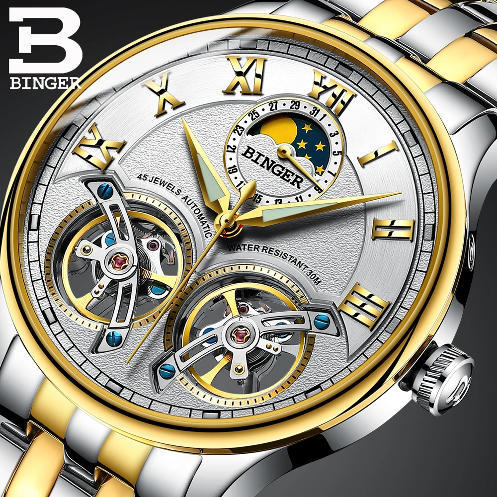 BINGER colouring Gold Hollow Automatic Mechanical Watches Men Luxury Brand Steel Strap Casual Skeleton Watch Luminous Clock 2017| |