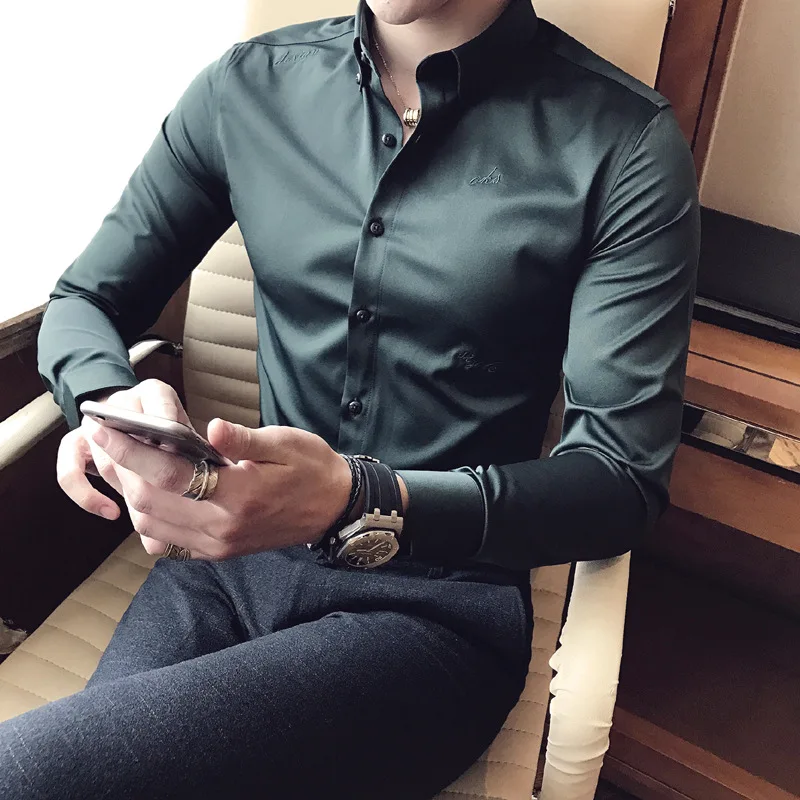 

New spring men's shirt Slim men's embroidery youth long-sleeved shirt
