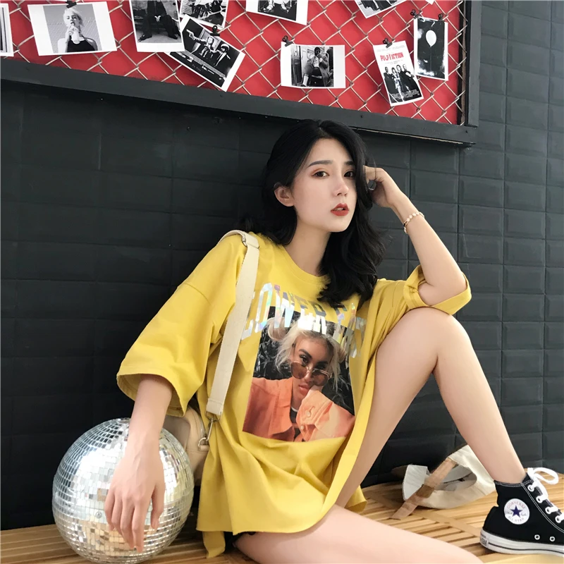 Oversized T Shirt For Women Tops Short Sleeve Loose Cotton T-shirt Female Harajuku Printed Long T-shirts Side Open-cut shirts | Женская