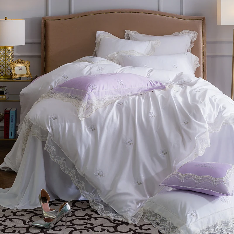 

White Purple Egyptian Cotton Lace Princess Bedding sets Embroidery Queen King size Duvet cover Bed sheet set Pillowcases 36