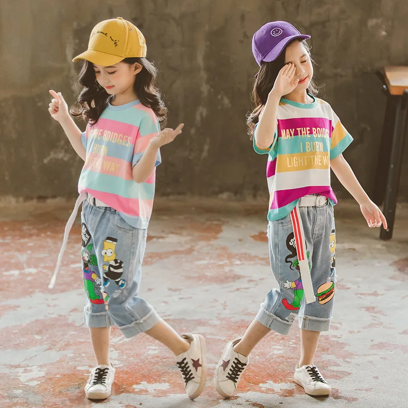 Детская футболка в полоску + джинсы с героями мультфильмов для девочек комплект