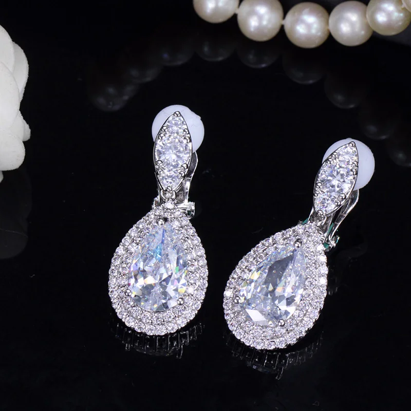 white CWWZircons, модные женские серьги из белого золота, висячие серьги с фианитами, королевский синий кристалл, не проложенные, Ушная клипса, серьги, ювелирные изделия, CZ164 - Окраска металла: white