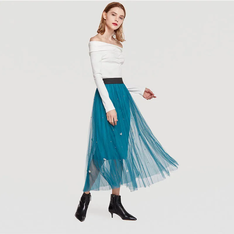 

The new flash bright beaded mesh pleated skirt high waist a word yarn skirts