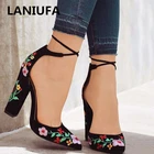 Новые женские туфли на высоком каблуке с цветочной вышивкой, женские вечерние туфли-лодочки на платформе с острым носком и квадратным каблуком, женская обувь размера плюс #833