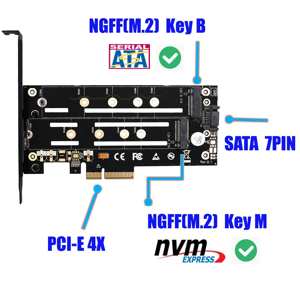 Адаптер PCI E M2 SATA Riser Card B key + M M.2 NGFF NVME двойной интерфейс PCIE адаптер для 2230 2242 2260 2280 M. 2